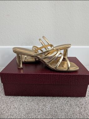 Tamara Mellon Gold Strappy Mid-Heel Sandals